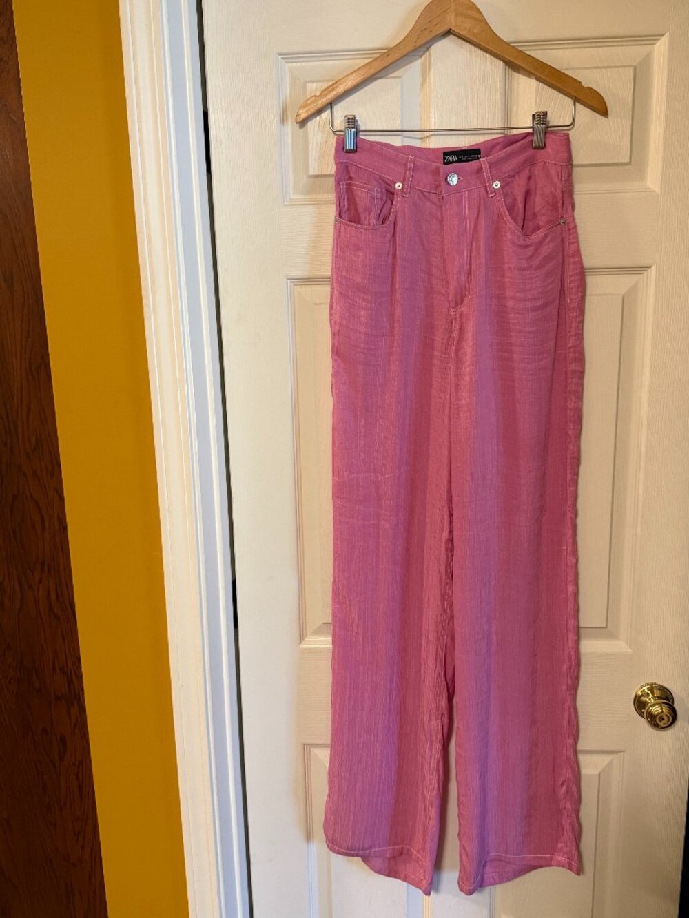 Zara Pink Textured Wide Leg Pants High Rise Size S